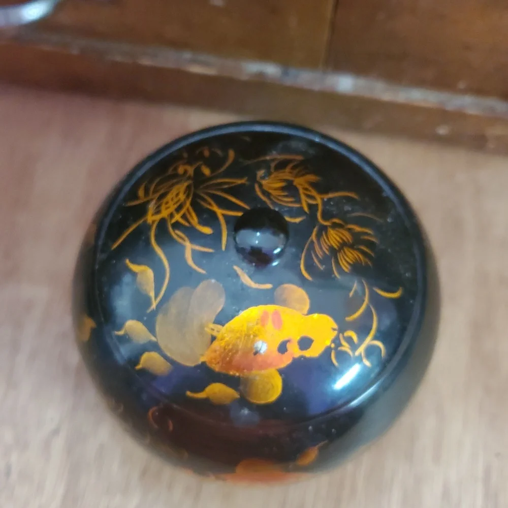 Black Lacquer Ware Wood Hand Painted Koi Fish Round Trinket/Jewelry Lidded Box
